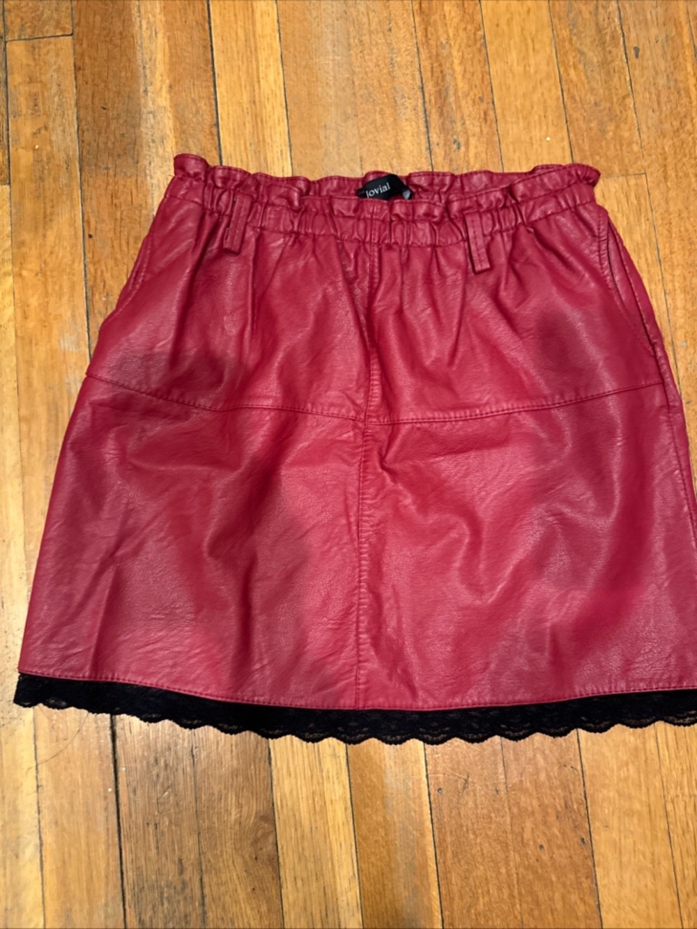 Red Faux Leather Mini Skirt with Black Lace Hem
